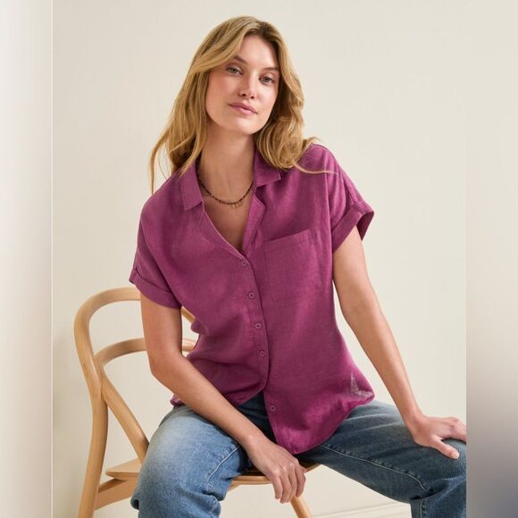 Garnet Hill Short-Sleeve Linen Button-Front Shirt BLUE size 18 NWT in packaging - Picture 6 of 8